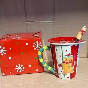 Festive Gingerbread Mug with Lid and Spoon